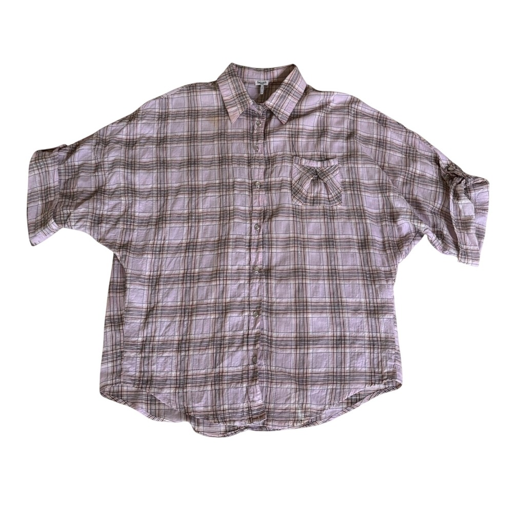 Splendid Short Sleeve Button Sleeve Button Up Shirt Pink Plaid Gauzy Fabric CUTE